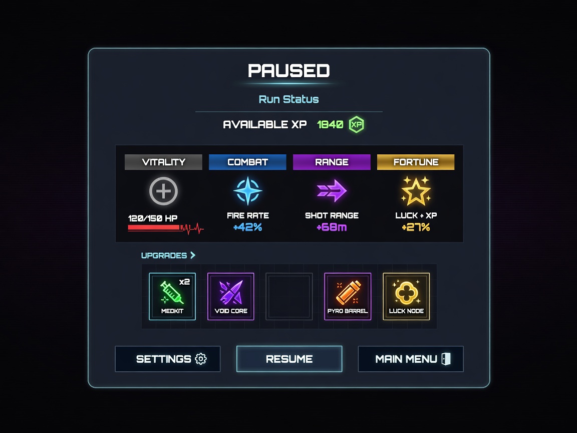 Voidfall pause screen showing stats and upgrades